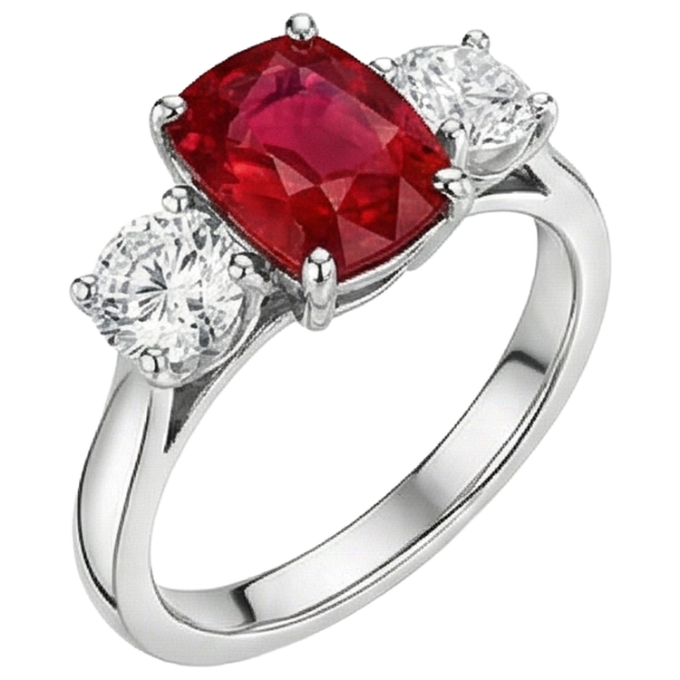 Bague 3 Pierres Rubis Rouge Et Diamants Naturels Extraits des Mines ( et non cultivés en laboratoire ) 4.50 Carats Or 14K