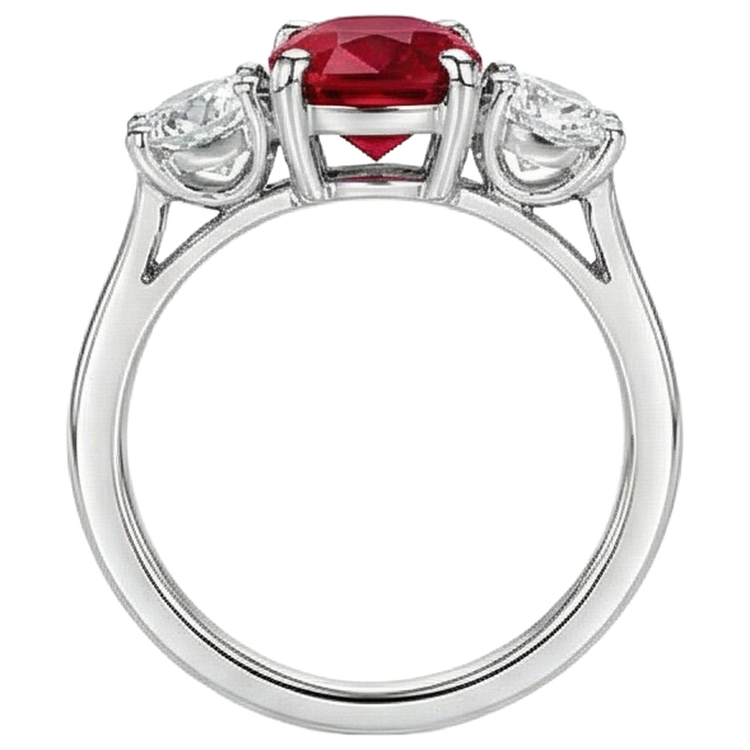 Bague 3 Pierres Rubis Rouge Et Diamants Naturels Extraits des Mines ( et non cultivés en laboratoire ) 4.50 Carats Or 14K