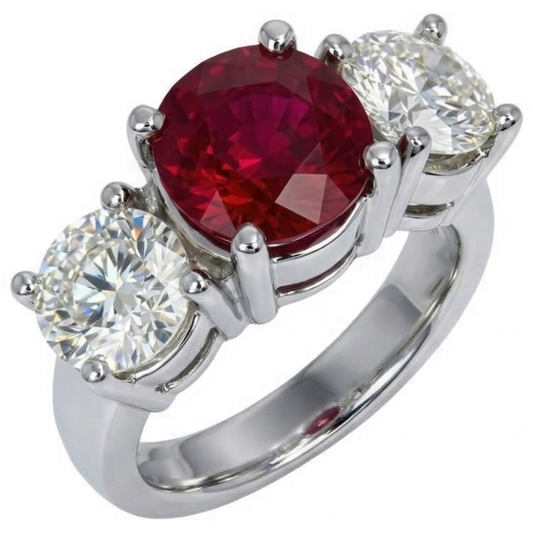 Bague 3 Pierres Rubis et Diamants Naturels Extraits des Mines ( et non cultivés en laboratoire ) Ronds 4 Carats Or Blanc Bijoux Pour Femme