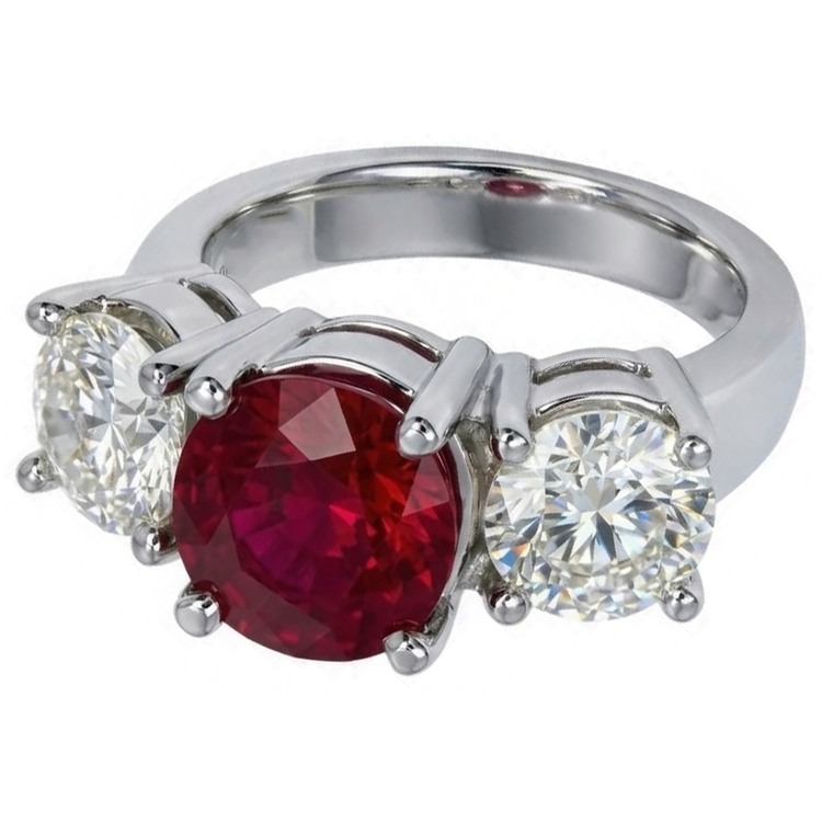 Bague 3 Pierres Rubis et Diamants Naturels Extraits des Mines ( et non cultivés en laboratoire ) Ronds 4 Carats Or Blanc Bijoux Pour Femme