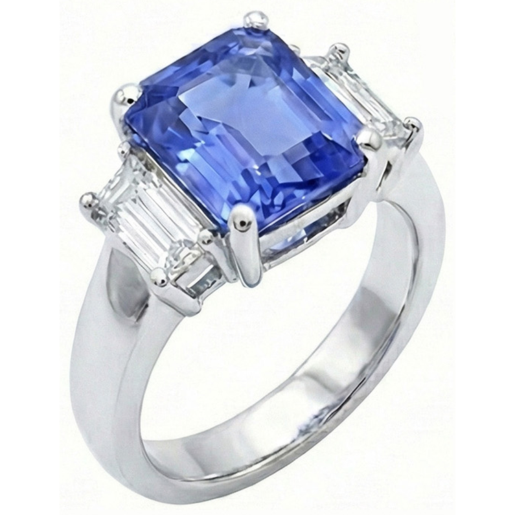 Bague 3 Pierres Saphir Bleu Clair Taille Emeraude 2 Carats Or Blanc