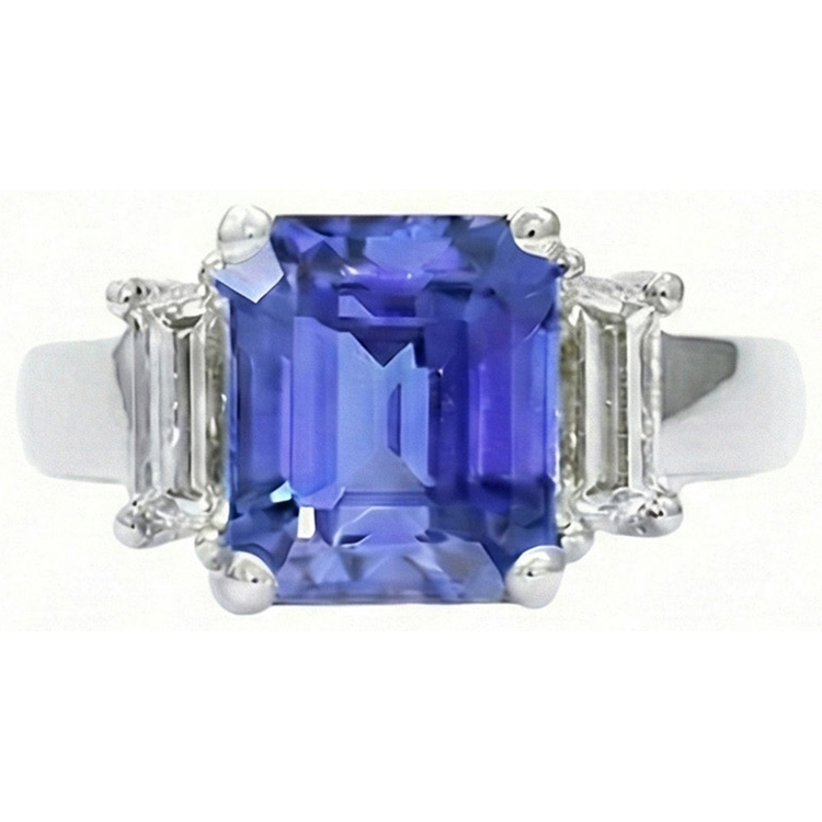 Bague 3 Pierres Saphir Bleu Clair Taille Emeraude 2 Carats Or Blanc