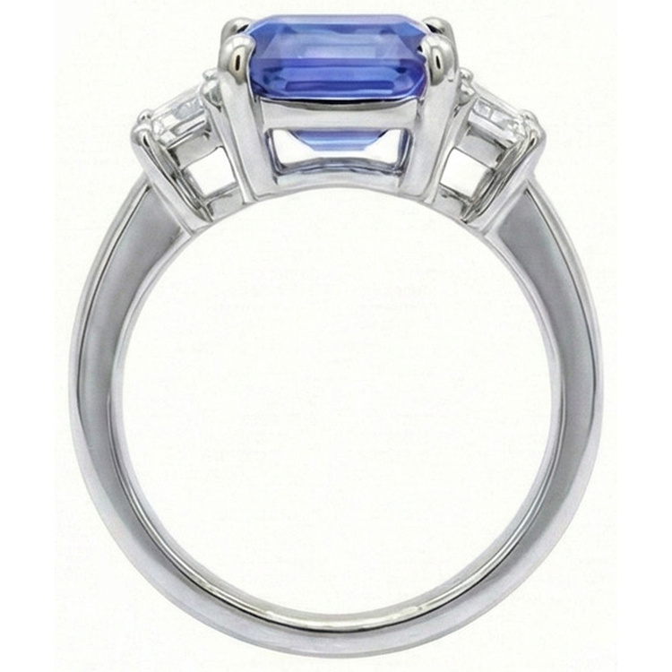Bague 3 Pierres Saphir Bleu Clair Taille Emeraude 2 Carats Or Blanc