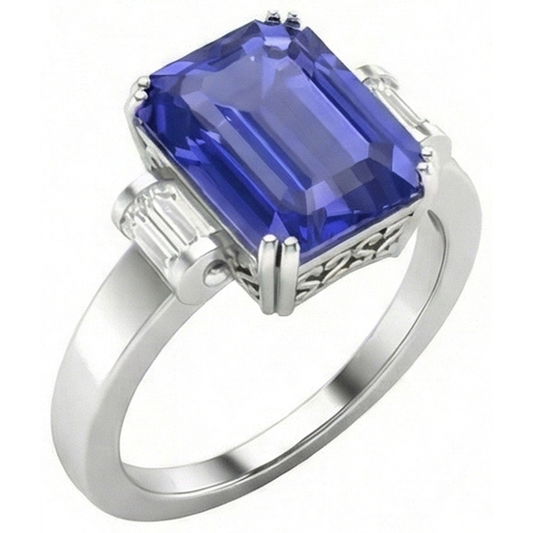 Bague 3 Pierres Saphir Bleu Emeraude 3 Carats Barrette Diamants Baguette