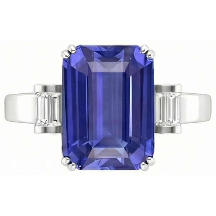 Bague 3 Pierres Saphir Bleu Emeraude 3 Carats Barrette Diamants Baguette