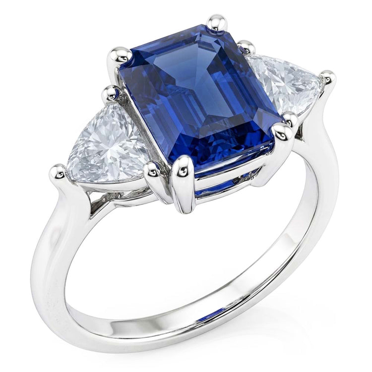 Bague 3 Pierres Saphir Bleu Émeraude & Trillion Diamants 2.50 Carats