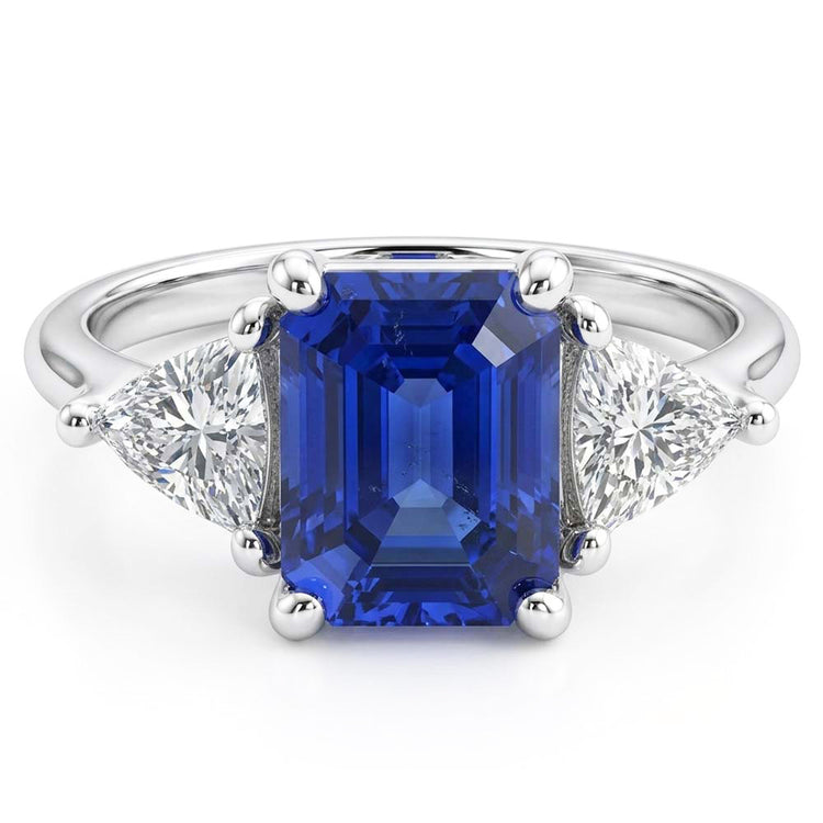 Bague 3 Pierres Saphir Bleu Émeraude & Trillion Diamants 2.50 Carats