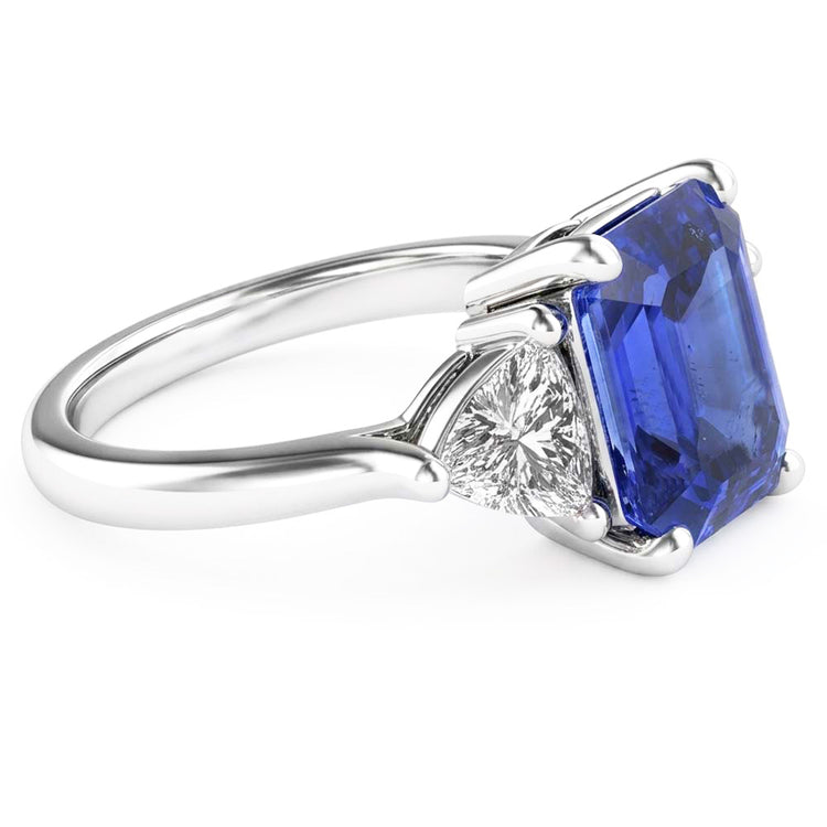 Bague 3 Pierres Saphir Bleu Émeraude & Trillion Diamants 2.50 Carats