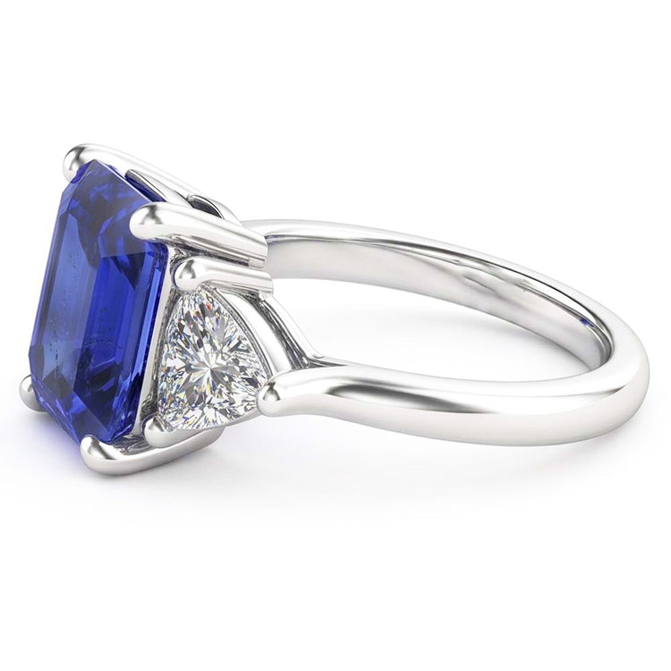 Bague 3 Pierres Saphir Bleu Émeraude & Trillion Diamants 2.50 Carats