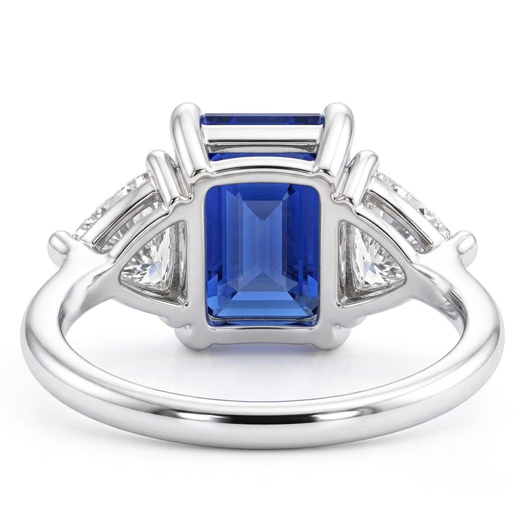 Bague 3 Pierres Saphir Bleu Émeraude & Trillion Diamants 2.50 Carats