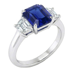 Bague 3 Pierres Saphir Bleu Taille Asscher & Diamants Trapèze 2 Carats