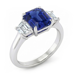 Bague 3 Pierres Saphir Bleu Taille Asscher & Diamants Trapèze 2 Carats