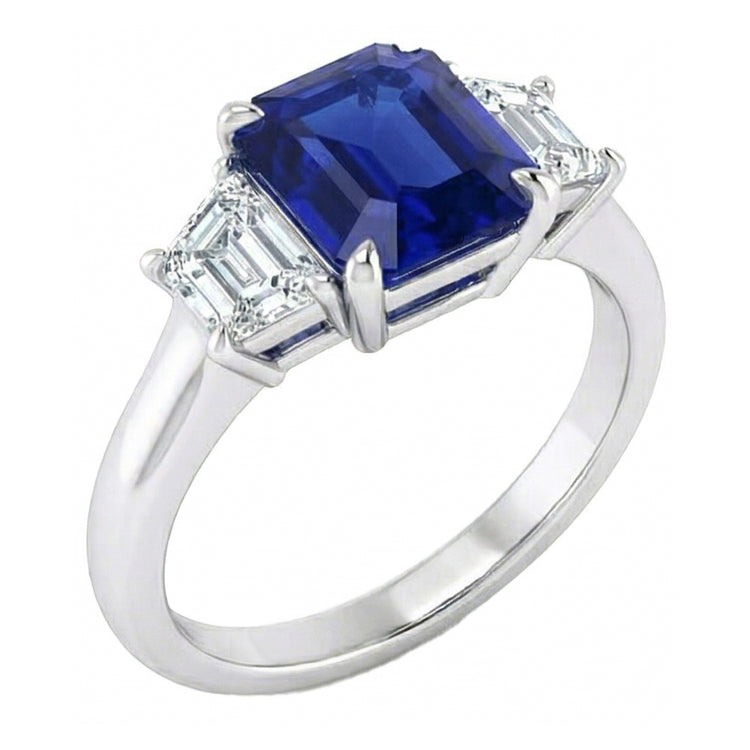 Bague 3 Pierres Saphir Bleu Taille Asscher & Diamants Trapèze 2 Carats