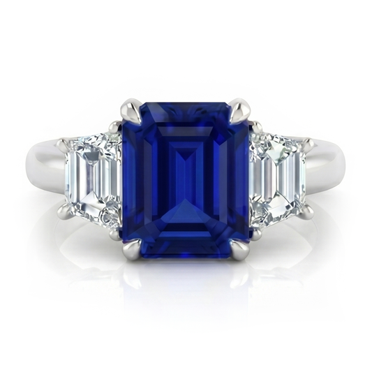Bague 3 Pierres Saphir Bleu Taille Asscher & Diamants Trapèze 2 Carats