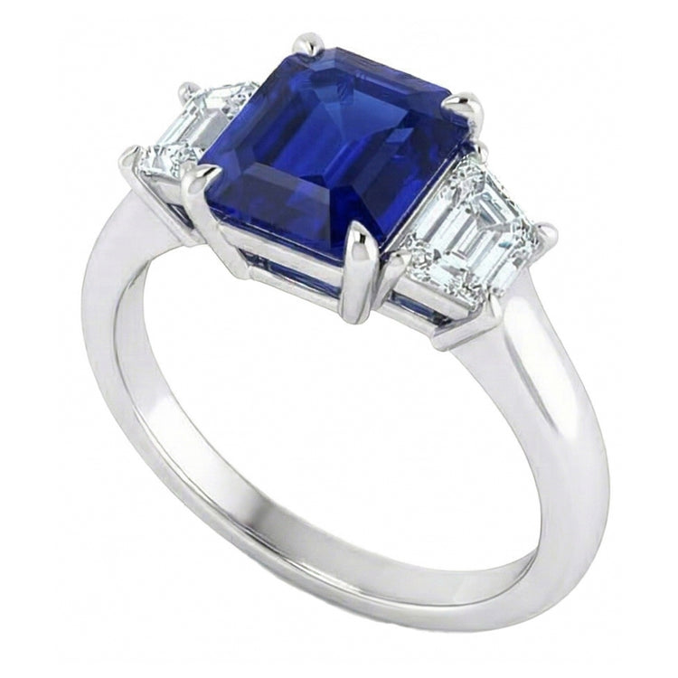 Bague 3 Pierres Saphir Bleu Taille Asscher & Diamants Trapèze 2 Carats