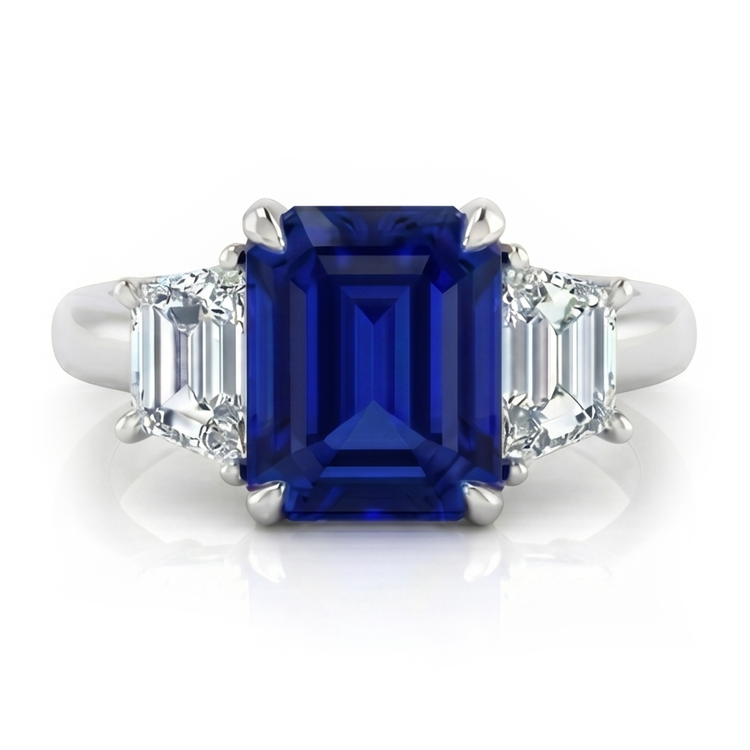 Bague 3 Pierres Saphir Bleu Taille Asscher & Diamants Trapèze 2 Carats