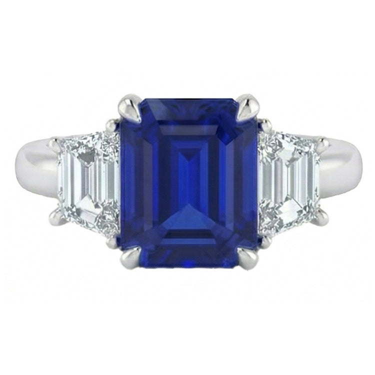 Bague 3 Pierres Saphir Bleu Taille Asscher & Diamants Trapèze 2 Carats