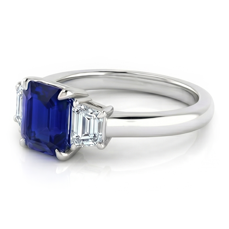 Bague 3 Pierres Saphir Bleu Taille Asscher & Diamants Trapèze 2 Carats