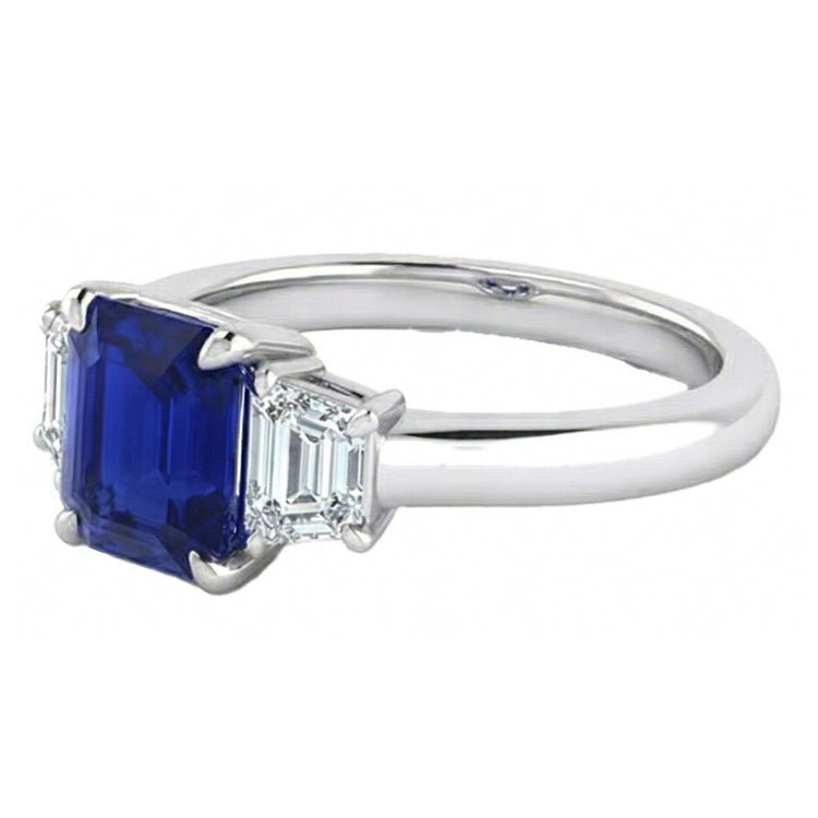Bague 3 Pierres Saphir Bleu Taille Asscher & Diamants Trapèze 2 Carats