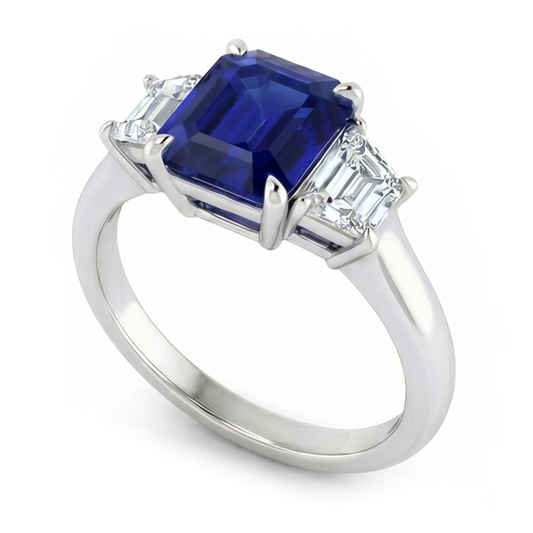 Bague 3 Pierres Saphir Bleu Taille Asscher & Diamants Trapèze 2 Carats