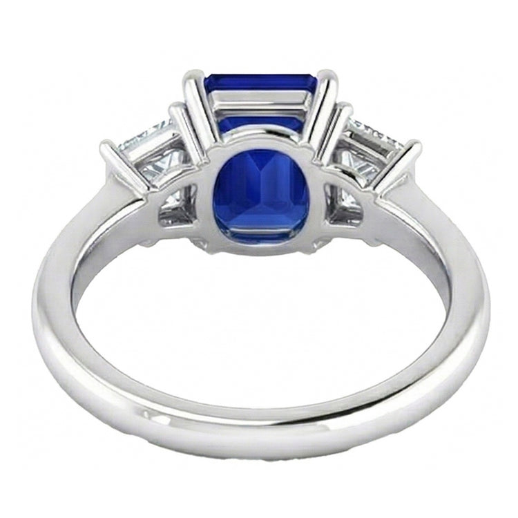 Bague 3 Pierres Saphir Bleu Taille Asscher & Diamants Trapèze 2 Carats