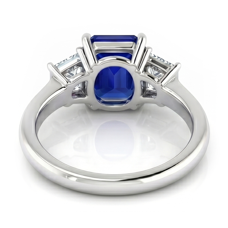 Bague 3 Pierres Saphir Bleu Taille Asscher & Diamants Trapèze 2 Carats