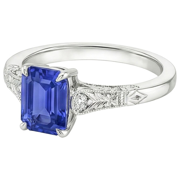 Bague 3 Pierres Saphir Bleu & Diamant Naturels Extraits des Mines ( et non cultivés en laboratoire ) 3.25 Carats Taille Emeraude