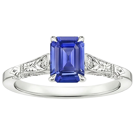 Bague 3 Pierres Saphir Bleu & Diamant Naturels Extraits des Mines ( et non cultivés en laboratoire ) 3.25 Carats Taille Emeraude
