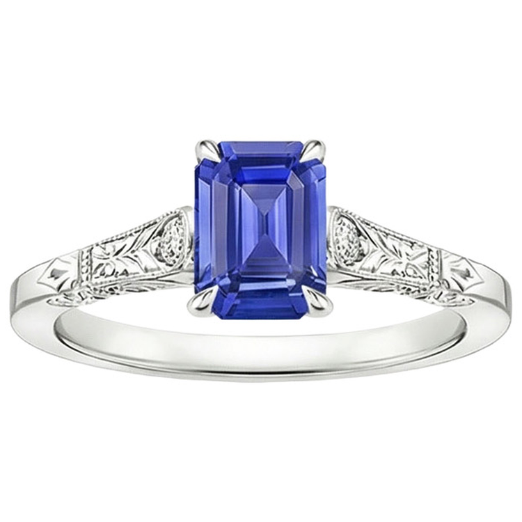 Bague 3 Pierres Saphir Bleu & Diamant Naturels Extraits des Mines ( et non cultivés en laboratoire ) 3.25 Carats Taille Emeraude