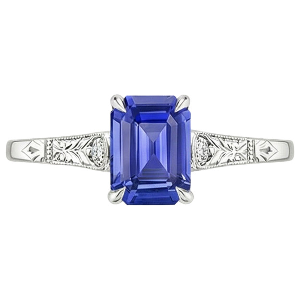 Bague 3 Pierres Saphir Bleu & Diamant Naturels Extraits des Mines ( et non cultivés en laboratoire ) 3.25 Carats Taille Emeraude