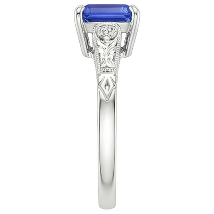 Bague 3 Pierres Saphir Bleu & Diamant Naturels Extraits des Mines ( et non cultivés en laboratoire ) 3.25 Carats Taille Emeraude