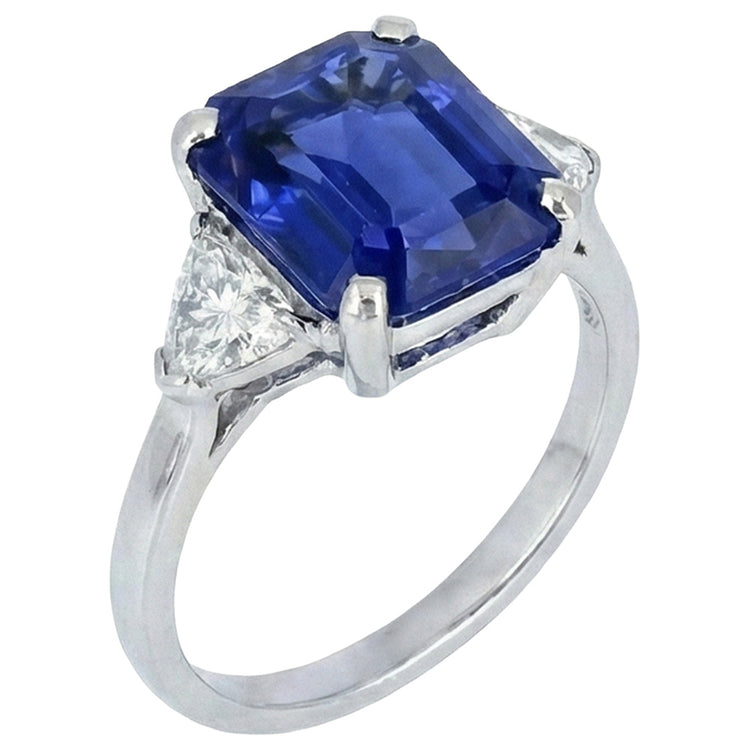 Bague 3 Pierres Saphir Bleu émeraude & Diamants Trapèze 3.50 Carats