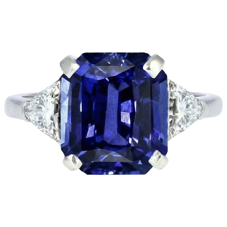 Bague 3 Pierres Saphir Bleu émeraude & Diamants Trapèze 3.50 Carats