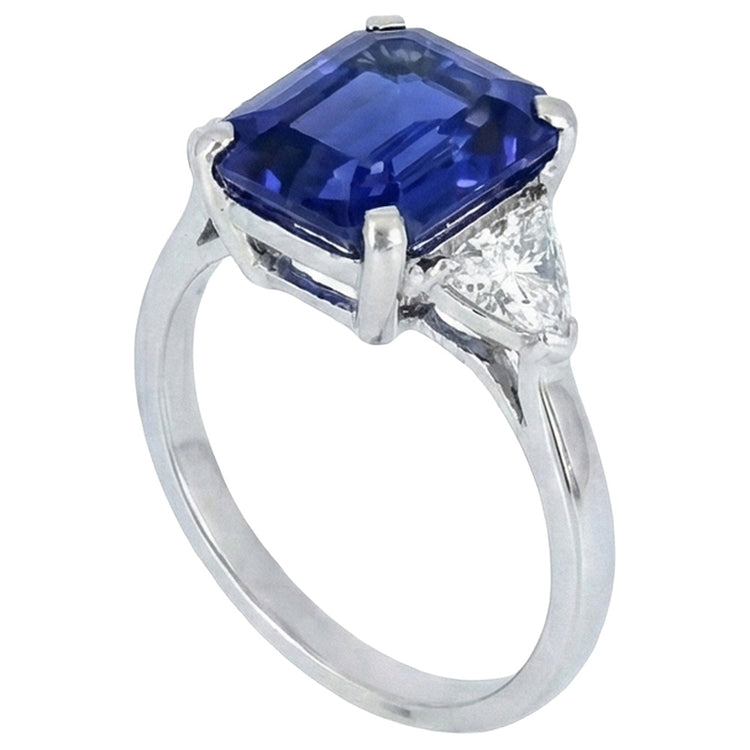 Bague 3 Pierres Saphir Bleu émeraude & Diamants Trapèze 3.50 Carats