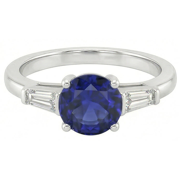 Bague 3 Pierres Saphir Ceylan 2.50 Carats Barrette Diamants Baguette
