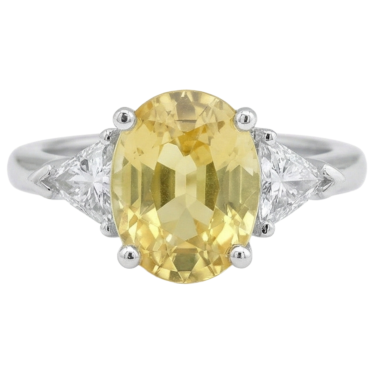 Bague 3 Pierres Saphir Jaune Et Diamants Naturels Extraits des Mines ( et non cultivés en laboratoire ) 3.75 Ct Or Blanc 14K