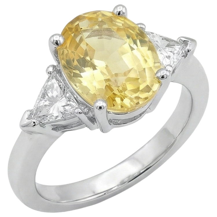 Bague 3 Pierres Saphir Jaune Et Diamants Naturels Extraits des Mines ( et non cultivés en laboratoire ) 3.75 Ct Or Blanc 14K