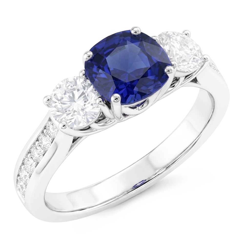 Bague 3 Pierres Style Pierres Précieuses Coussin Saphir & Diamants 3.50 Carats