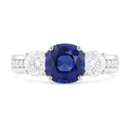 Bague 3 Pierres Style Pierres Précieuses Coussin Saphir & Diamants 3.50 Carats