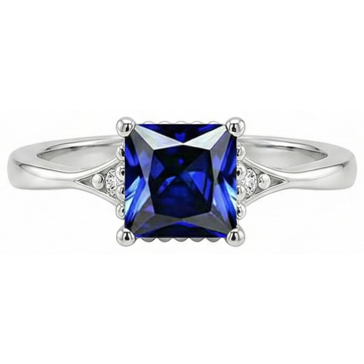 Bague 3 pierres diamant et saphir du Sri Lanka taille princesse 3.75 carats