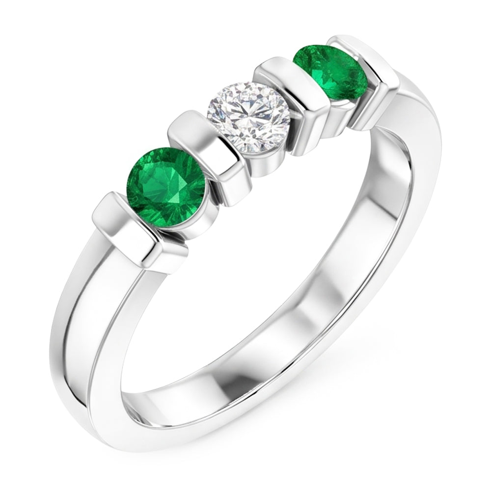 Bague 3 pierres diamant rond émeraude 0.90 carats serti barre