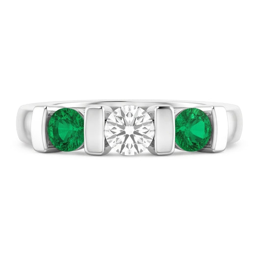 Bague 3 pierres diamant rond émeraude 0.90 carats serti barre