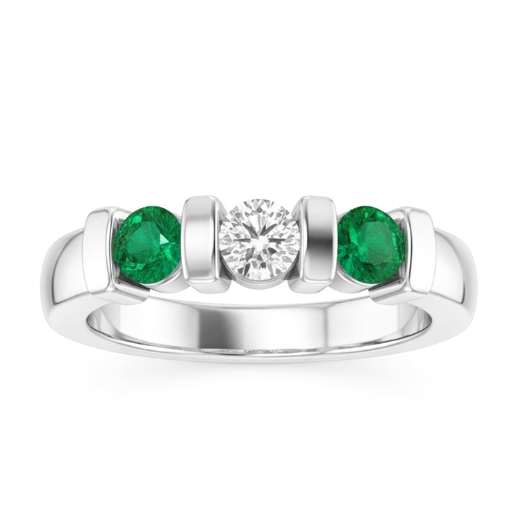 Bague 3 pierres diamant rond émeraude 0.90 carats serti barre