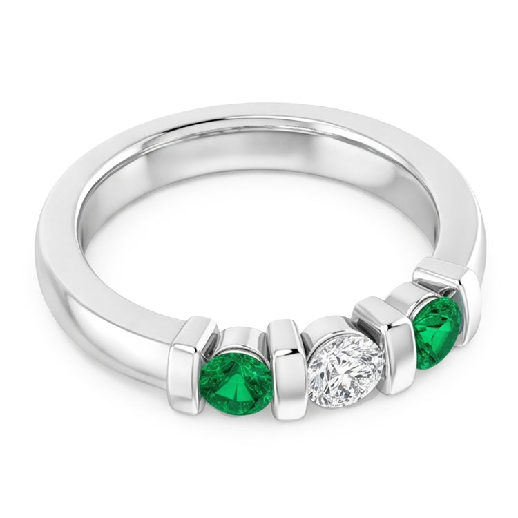Bague 3 pierres diamant rond émeraude 0.90 carats serti barre
