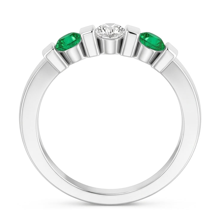 Bague 3 pierres diamant rond émeraude 0.90 carats serti barre