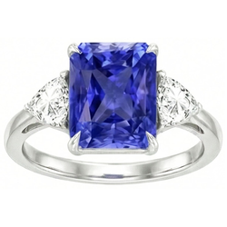Bague 3 pierres diamant trilliant saphir bleu serti treillis 3 carats