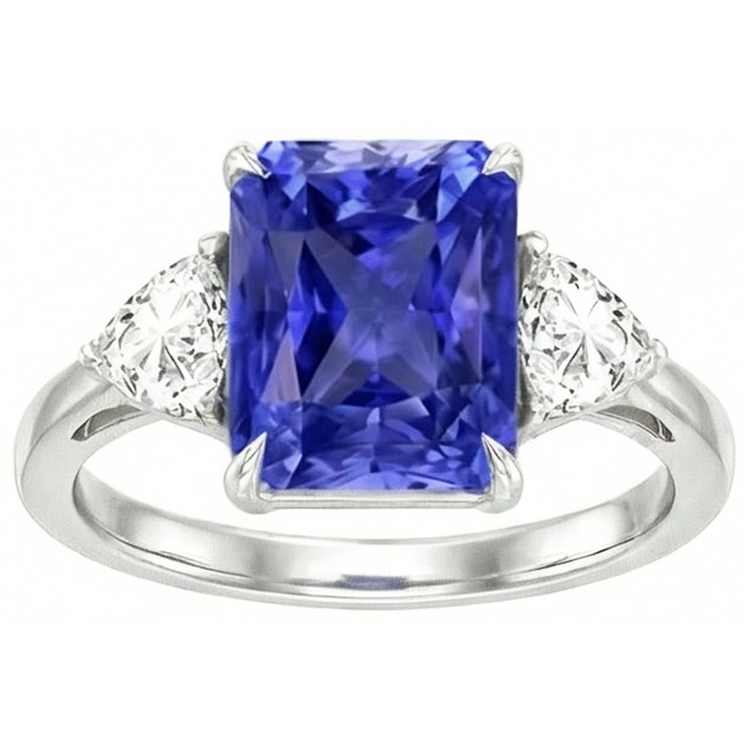 Bague 3 pierres diamant trilliant saphir bleu serti treillis 3 carats
