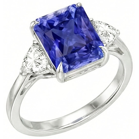 Bague 3 pierres diamant trilliant saphir bleu serti treillis 3 carats