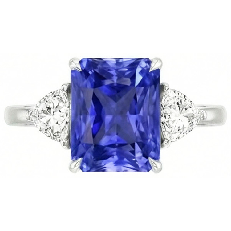 Bague 3 pierres diamant trilliant saphir bleu serti treillis 3 carats