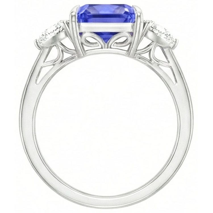 Bague 3 pierres diamant trilliant saphir bleu serti treillis 3 carats